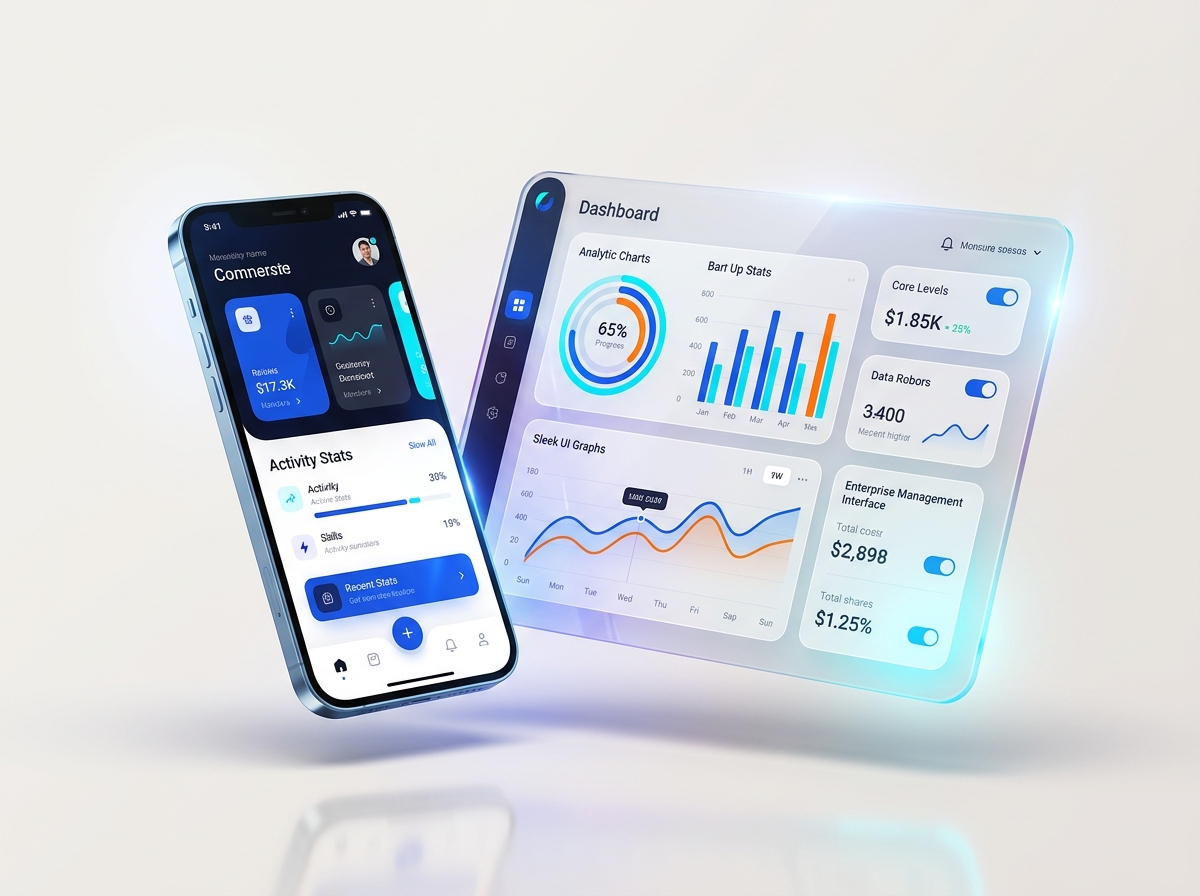 App Creator IT Solutions 3D Mobile and Web Dashboard Showcase